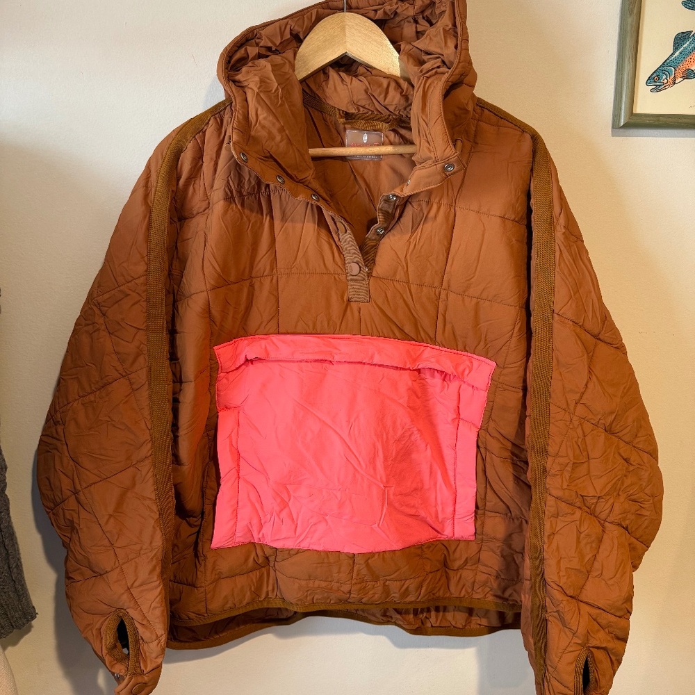 FP Movement by Free People Brown Puffer Jacket with Pink Pocket